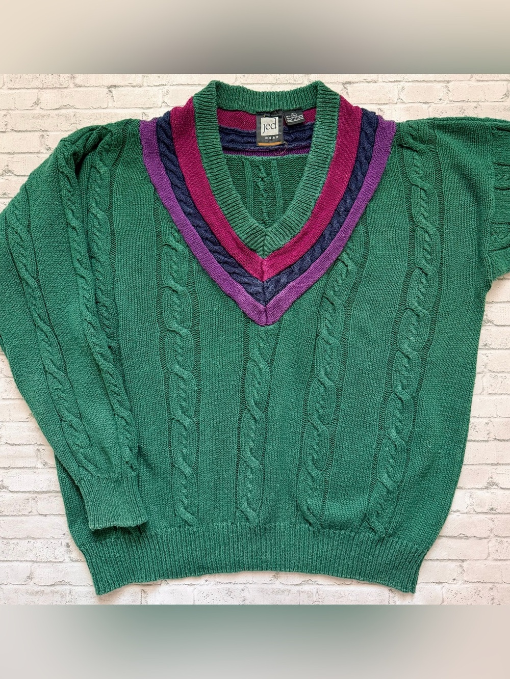 Vintage 90s Jed Hunter Green Cable-Knit V-Neck Sweater